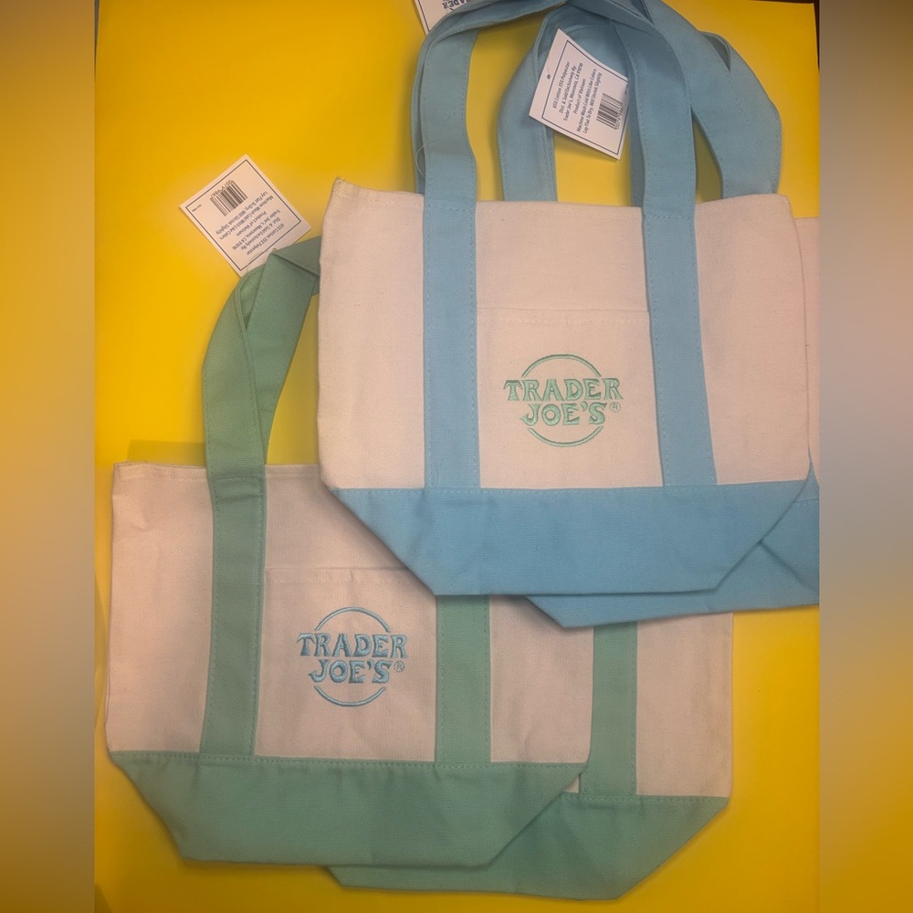 Trader Joe's Canvas Tote Bags with Blue and Green Accents